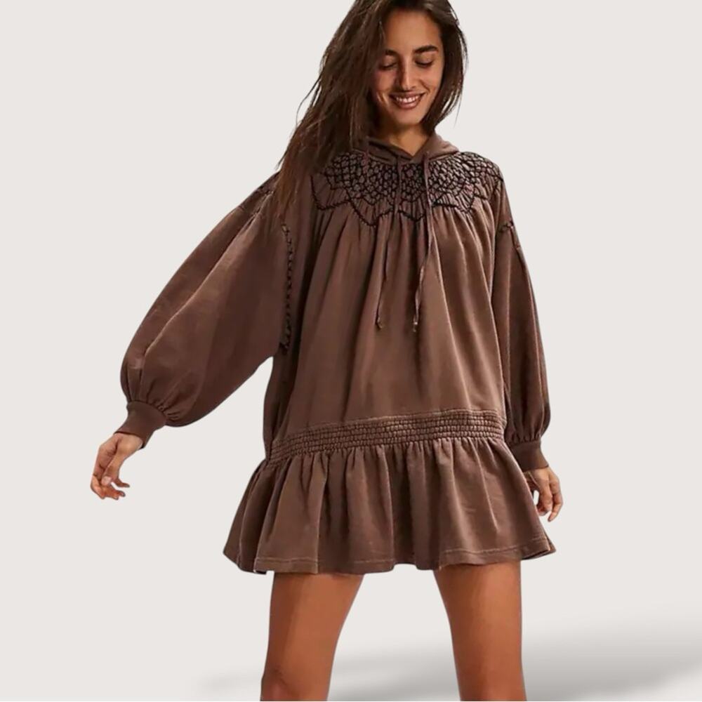 Free People Bohemian Marty Smocked Mini Dress Brown Bear Sweatshirt Tunic Medium - Picture 8 of 15